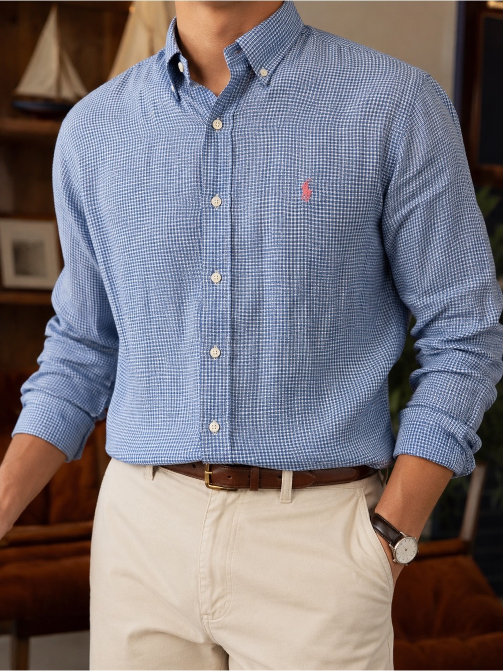 Ralph Lauren Men's 100% Linen Blue Gingham Check Long Sleeve Button Down Size XL